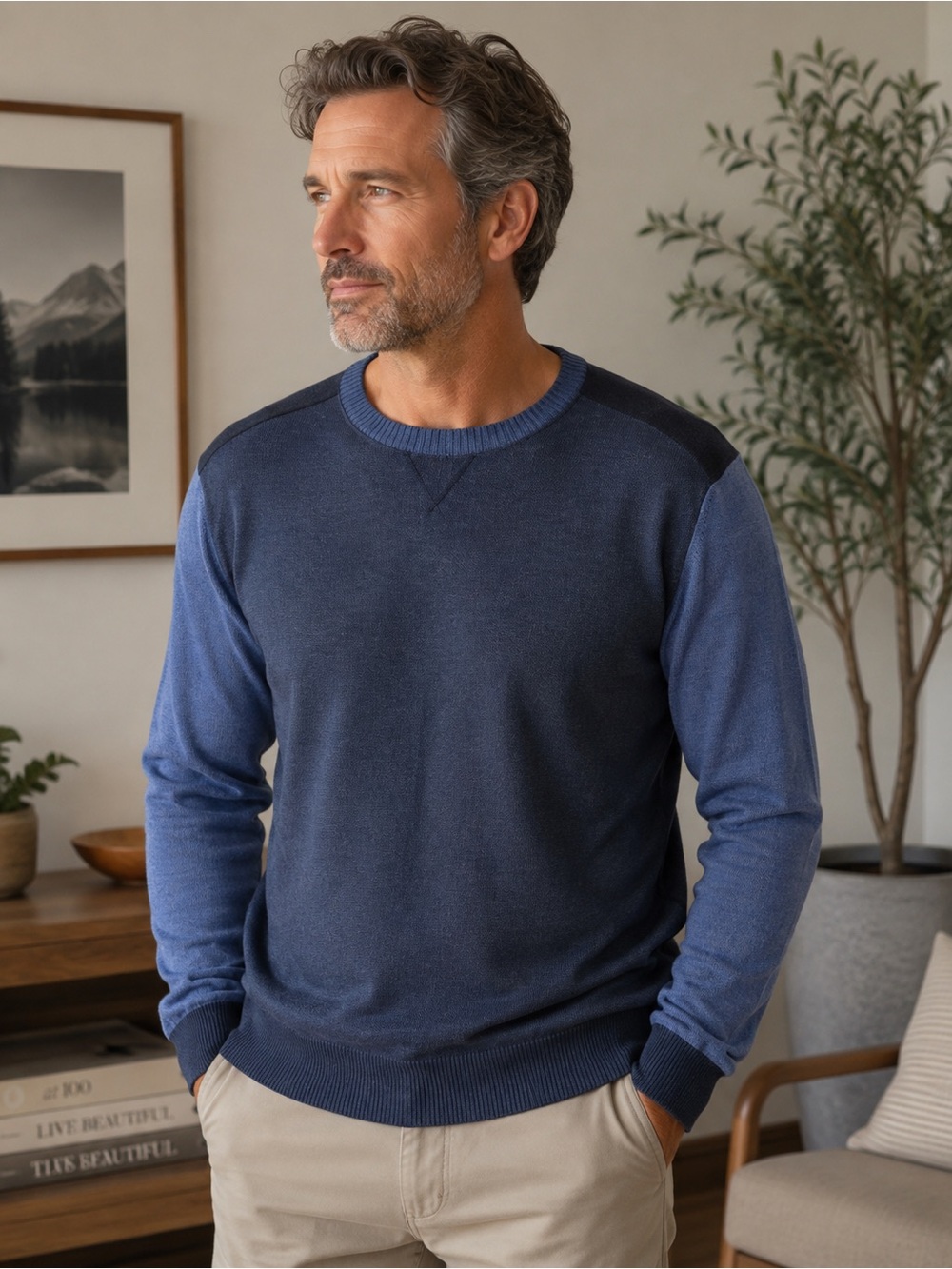 Thomas Dean Men's Crewneck Sweater Blue Colorblock Knit Size Large L Casual